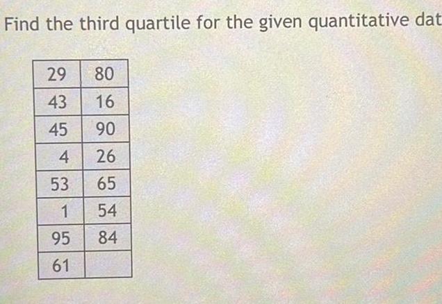 Find the third quartile for the given quantitative dat 29 80 43