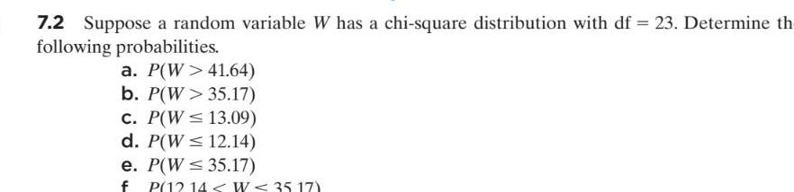 7.2 Suppose a random variable W has a chi-square distribution with df