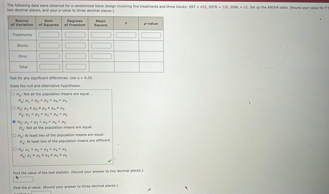 The following data were obtained for a randomized block design involving five
