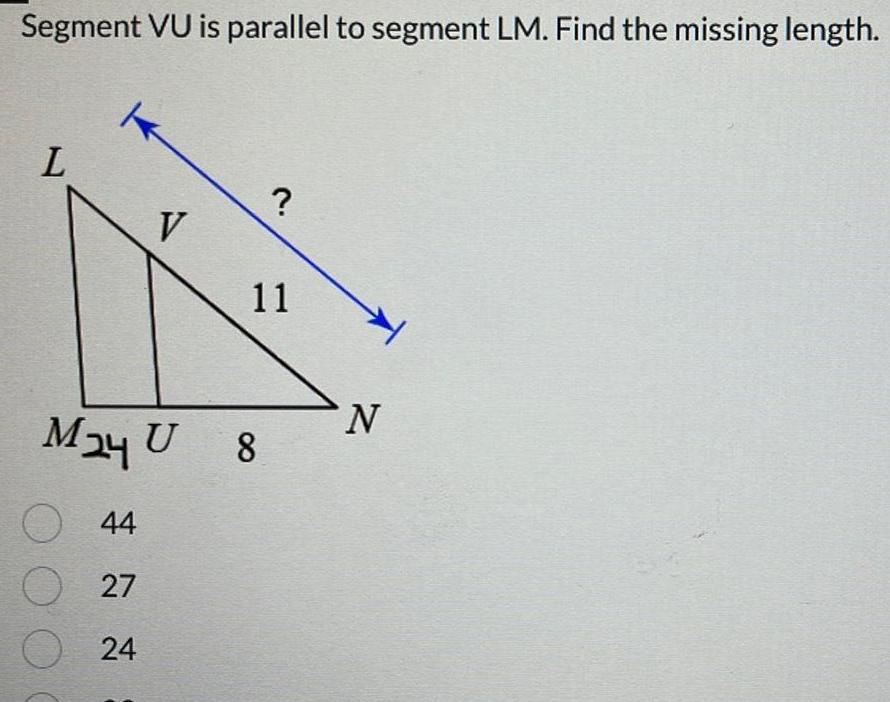 Segment VU is parallel to segment LM. Find the missing length. L