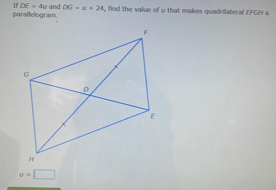 If DE = 4u and DG = u + 24, find the