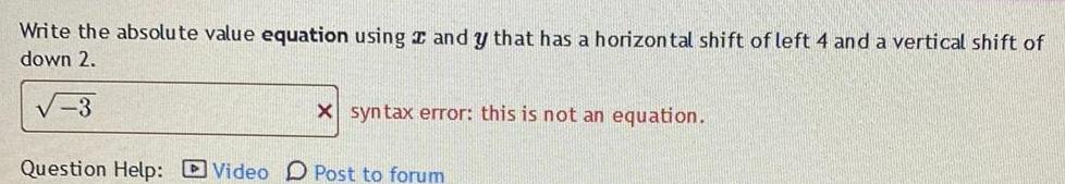Write the absolute value equation using x and y that has a