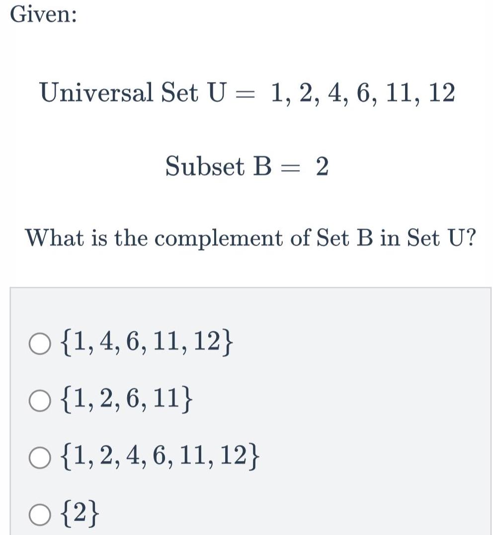 Given: Universal Set U = 1, 2, 4, 6, 11, 12 Subset