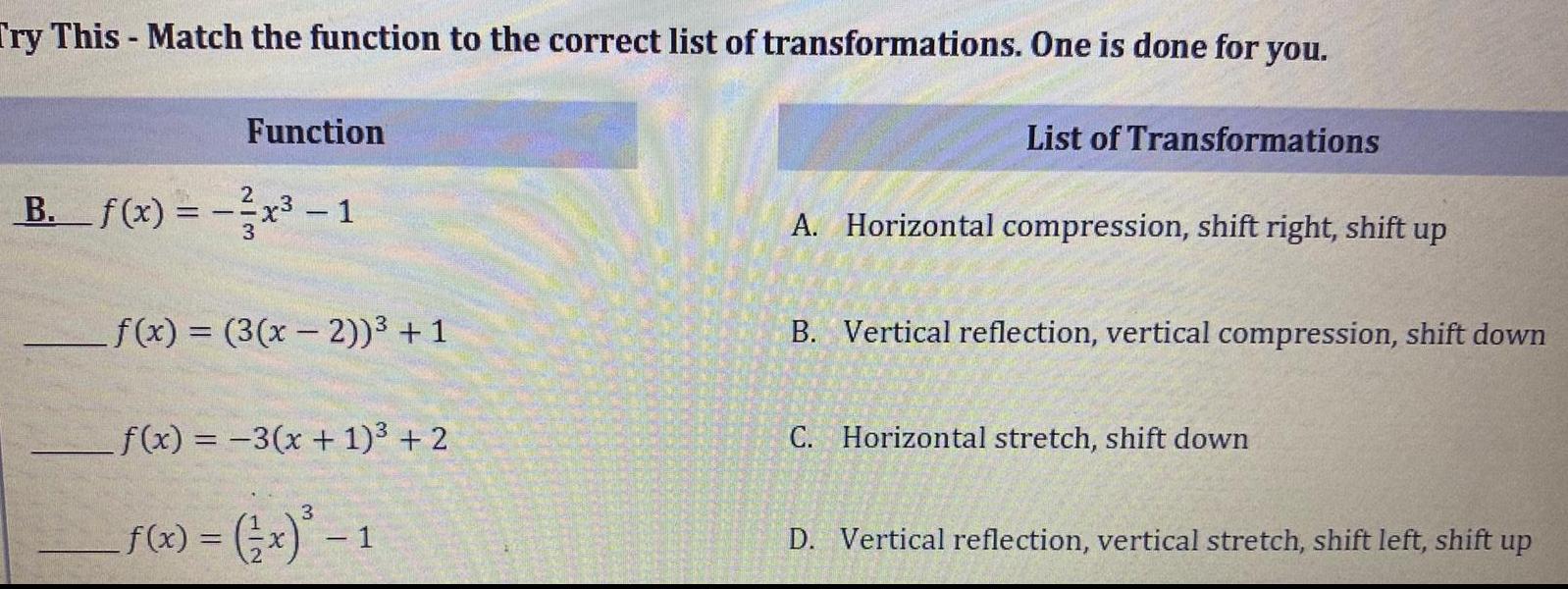 Try This - Match the function to the correct list of transformations.