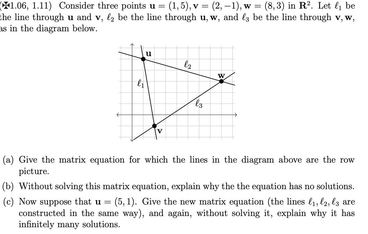 (1.06, 1.11) Consider three points u = (1, 5), v = (2,