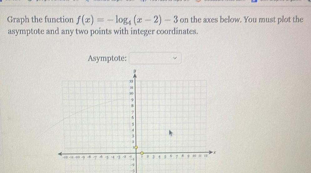 Graph the function f(x) = -log, (x-2)- 3 on the axes below.