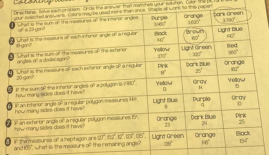Directions Solve each problem arcle the answer that matches your solution. Color