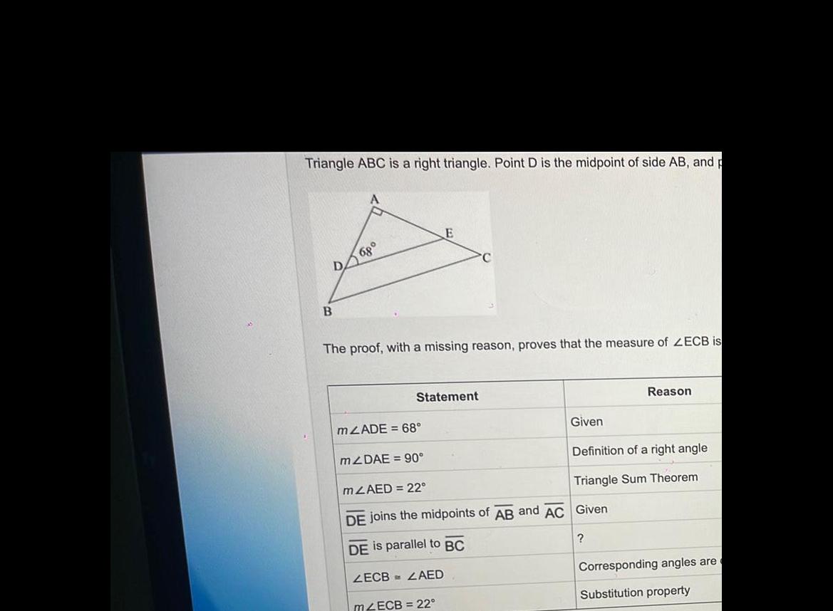 Triangle ABC is a right triangle. Point D is the midpoint of