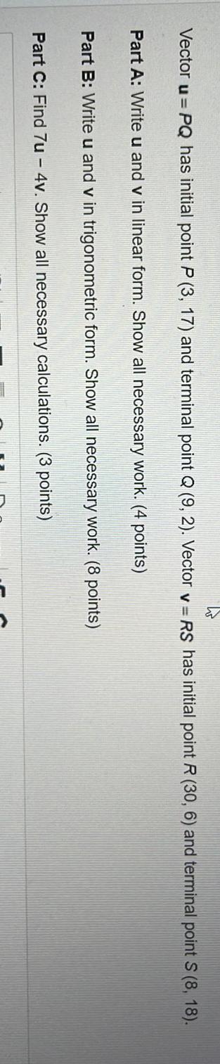 Vector u PQ has initial point P (3, 17) and terminal point