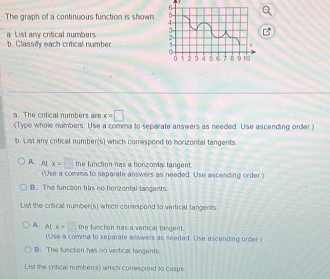 The graph of a continuous function is shown. a. List any critical