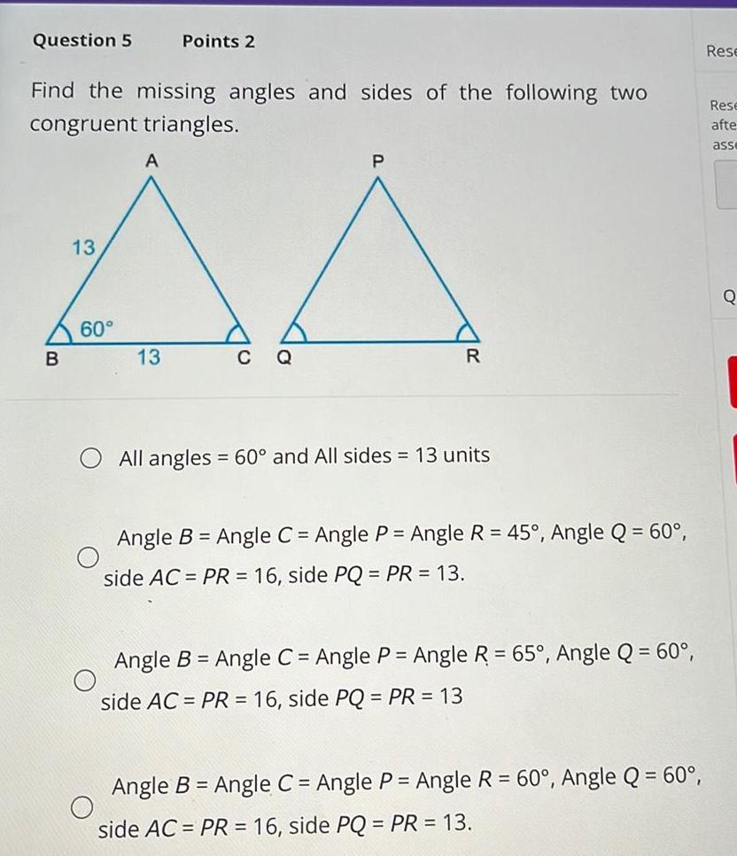 Question 5 Points 2 Find the missing angles and sides of the