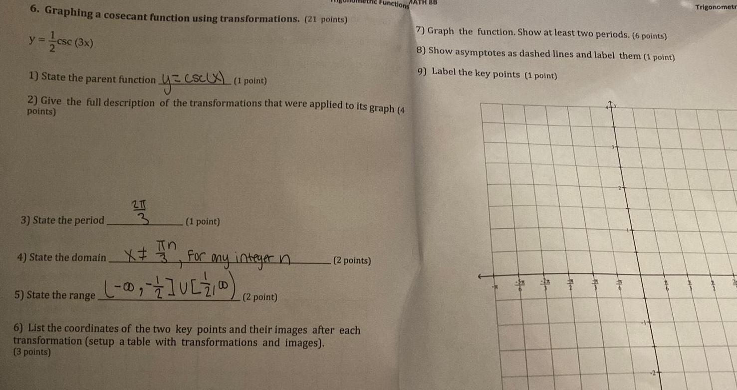 Functions MATH BB 6. Graphing a cosecant function using transformations. (21 points)
