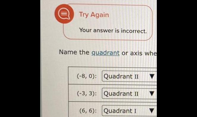 Try Again Your answer is incorrect. Name the quadrant or axis whe
