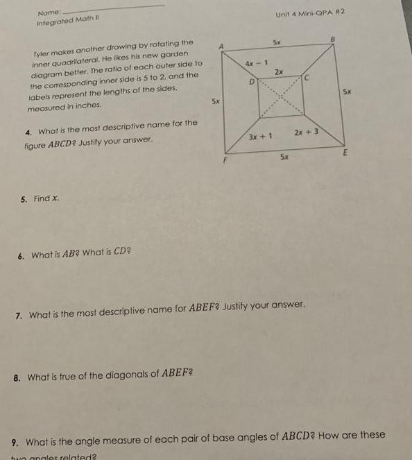 Name: Integrated Math I Tyler makes another drawing by rotating the inner