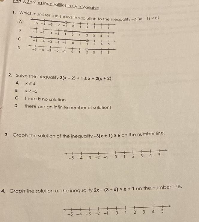B. Solving Inequalities in One Variable 1. Which number line shows the