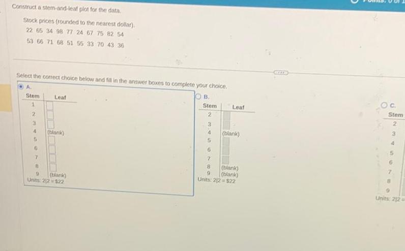 Construct a stem-and-leaf plot for the data. Stock prices (rounded to the