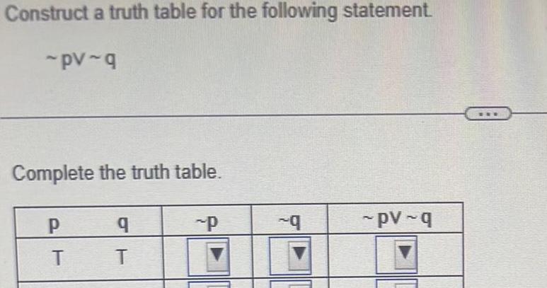 Construct a truth table for the following statement. -pv-q Complete the truth