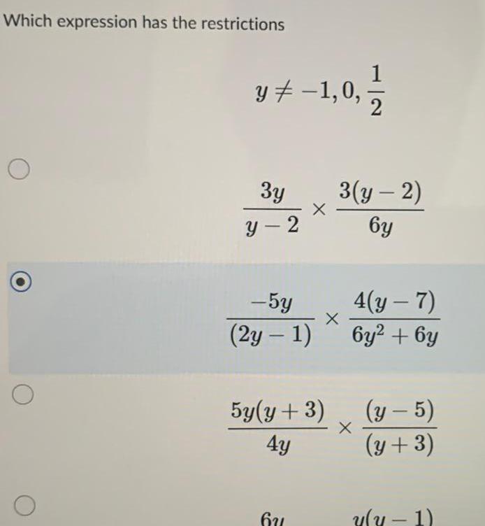 Which expression has the restrictions - y 1,0, 3y 3(y - 2)