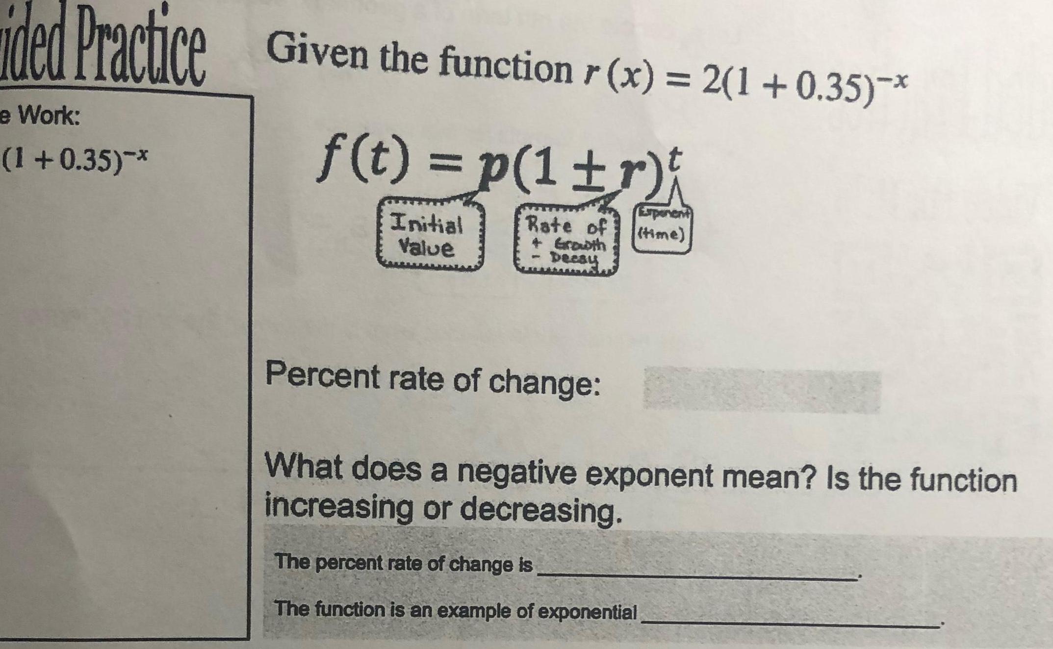 ided Practice Given the function r(x) = 2(1+0.35)-* e Work: (1+0.35)-* f(t)