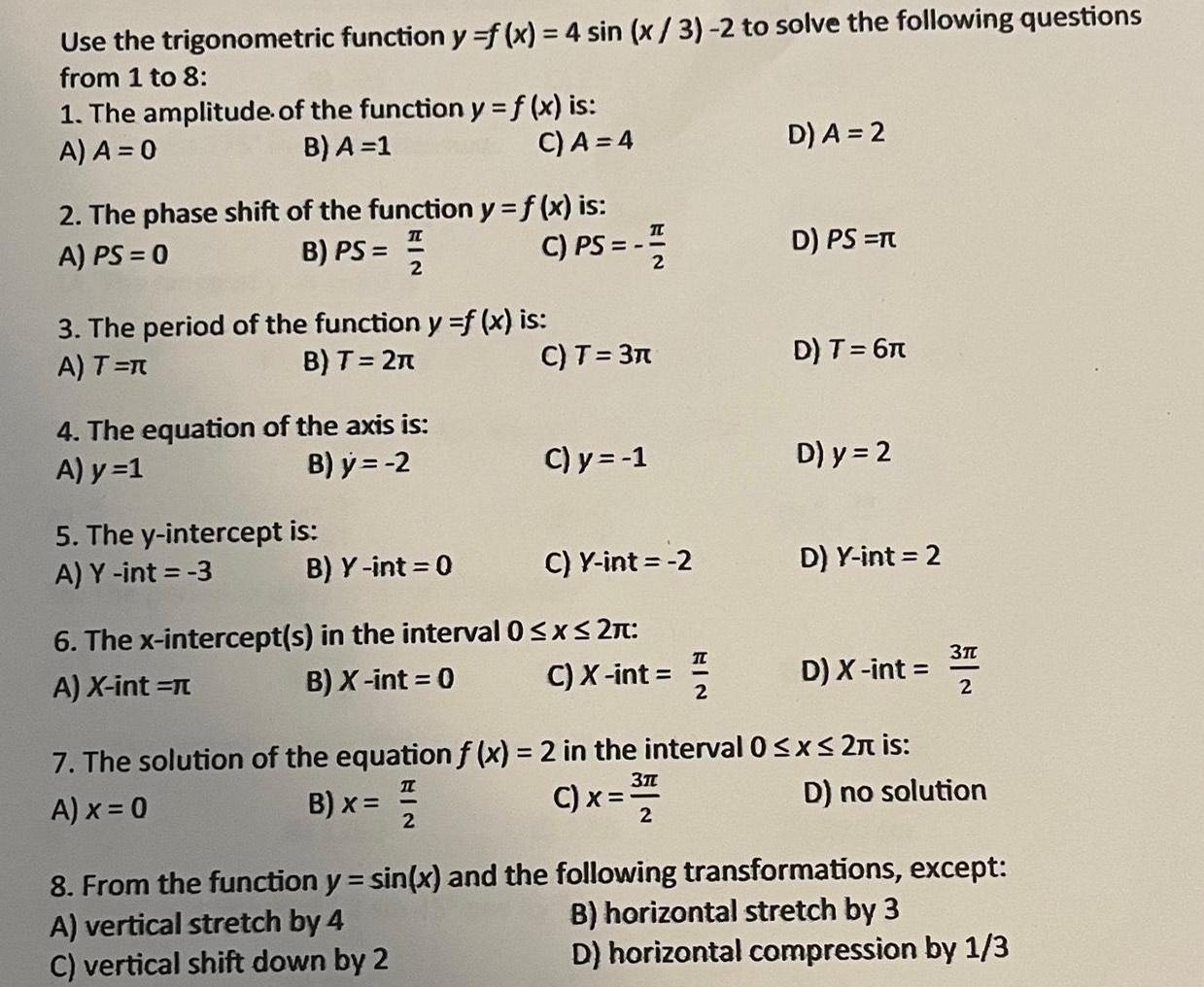 Use the trigonometric function y f (x) = 4 sin (x/3) -2