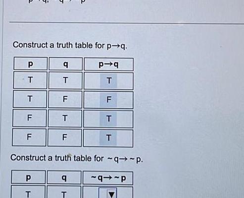 Construct a truth table for p->q. p q b