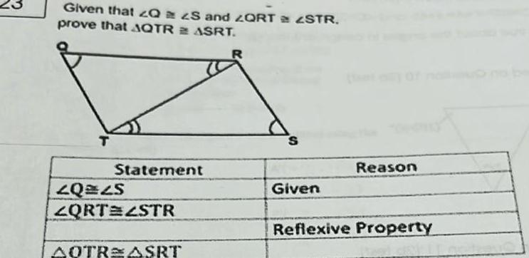 Given that QS and QORT = STR. prove that AQTR ASRT. T