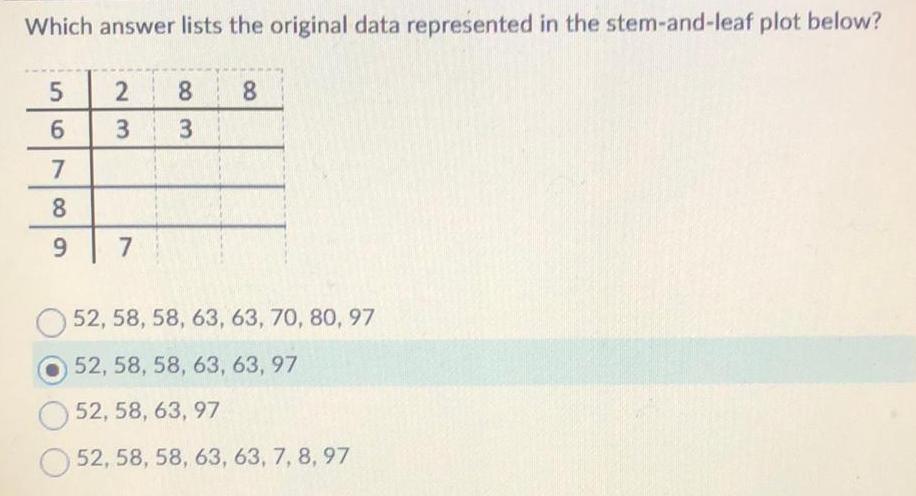 Which answer lists the original data represented in the stem-and-leaf plot below?