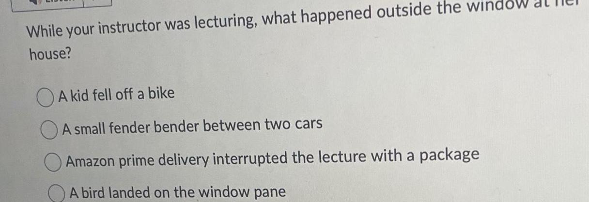 While your instructor was lecturing, what happened outside the window house? A