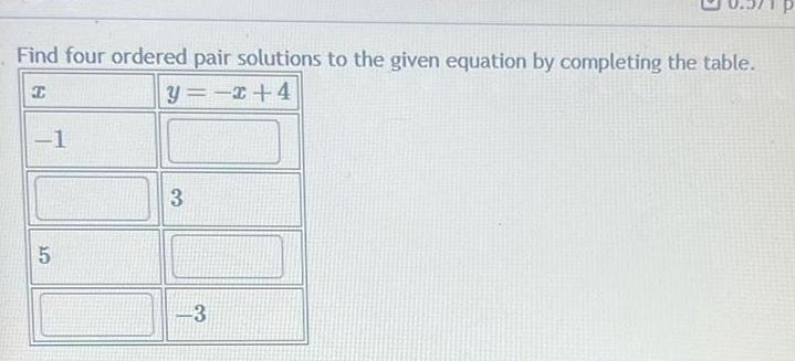 Find four ordered pair solutions to the given equation by completing the