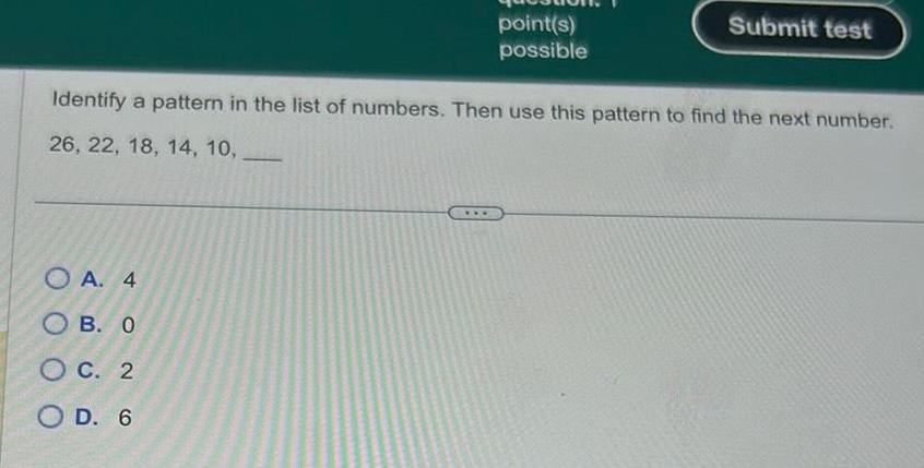 point(s) possible Submit test Identify a pattern in the list of numbers.