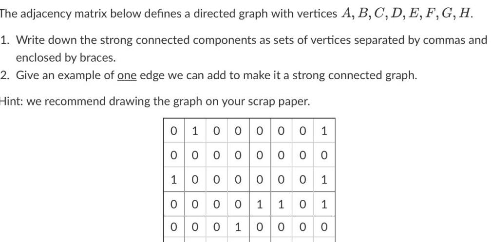 The adjacency matrix below defines a directed graph with vertices A, B,