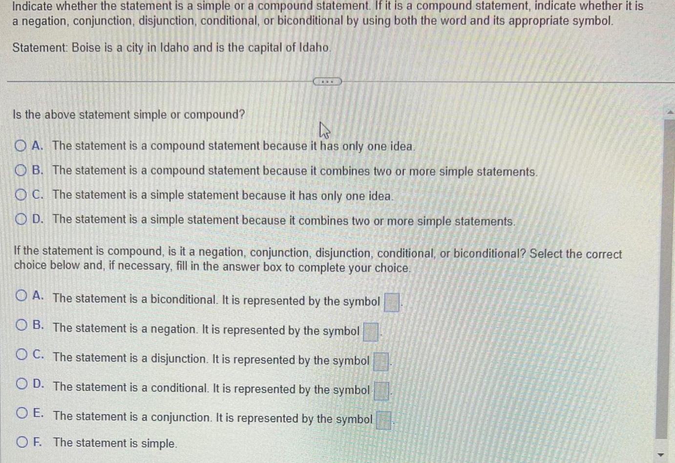 Indicate whether the statement is a simple or a compound statement. If