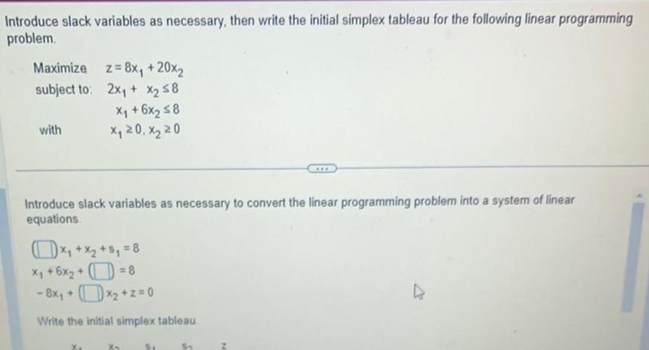 Introduce slack variables as necessary, then write the initial simplex tableau for