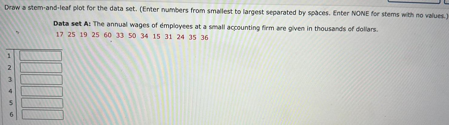 Draw a stem-and-leaf plot for the data set. (Enter numbers from smallest