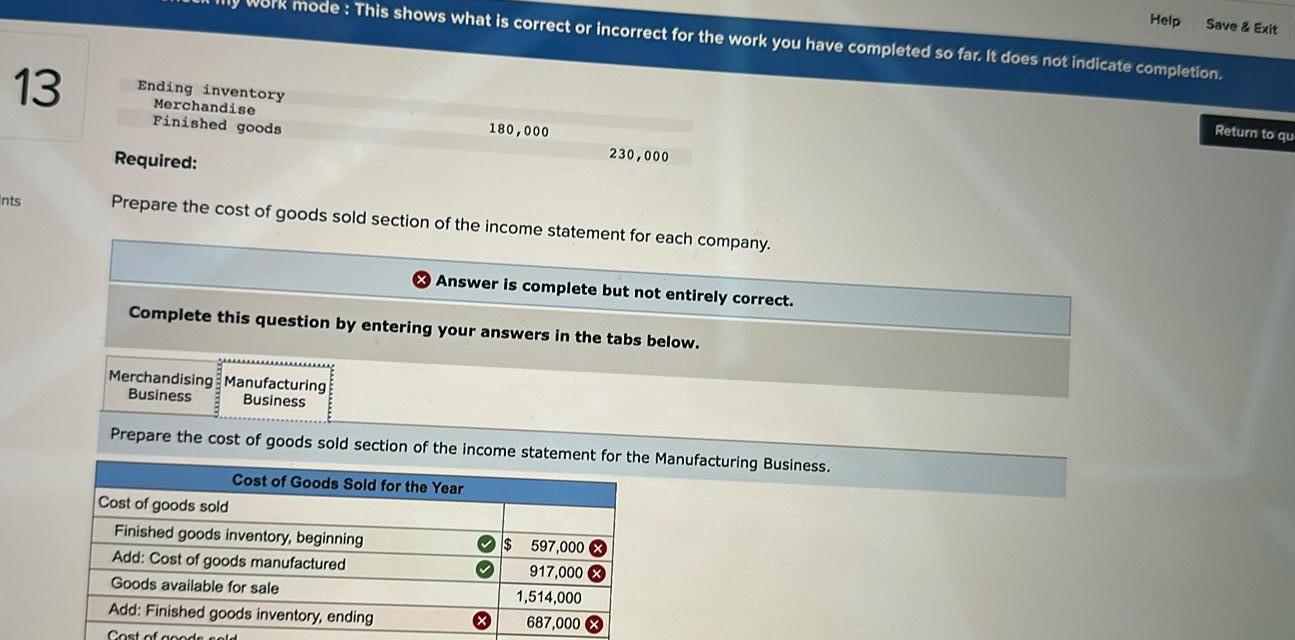 Help Save & Exit mode: This shows what is correct or incorrect