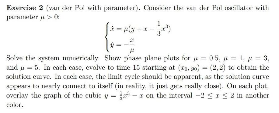 Exercise 2 (van der Pol with parameter). Consider the van der Pol