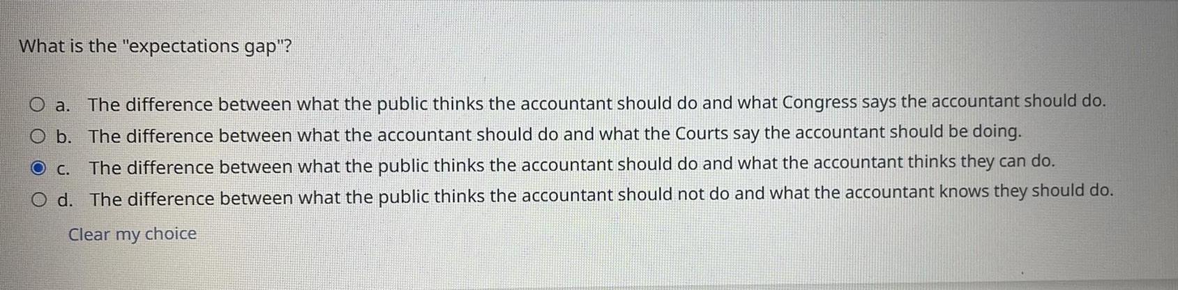 What is the "expectations gap"? O a. The difference between what the
