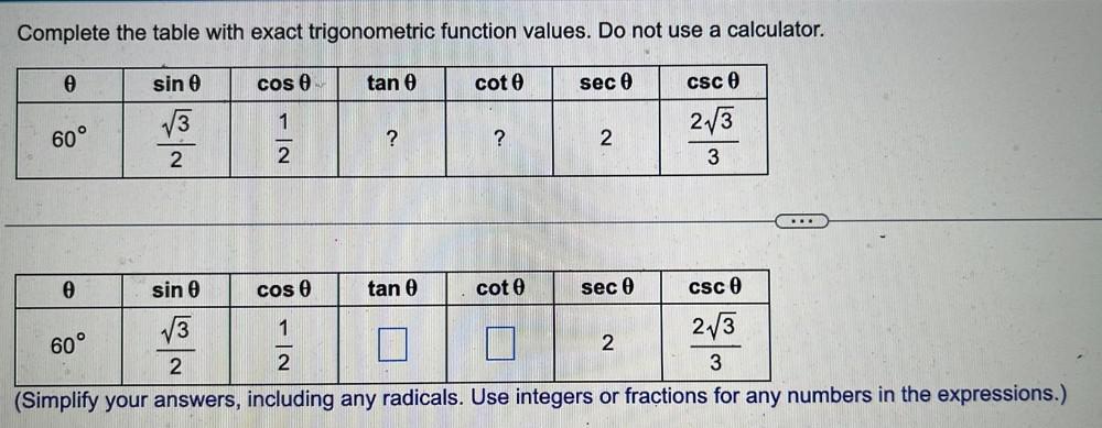 Complete the table with exact trigonometric function values. Do not use a