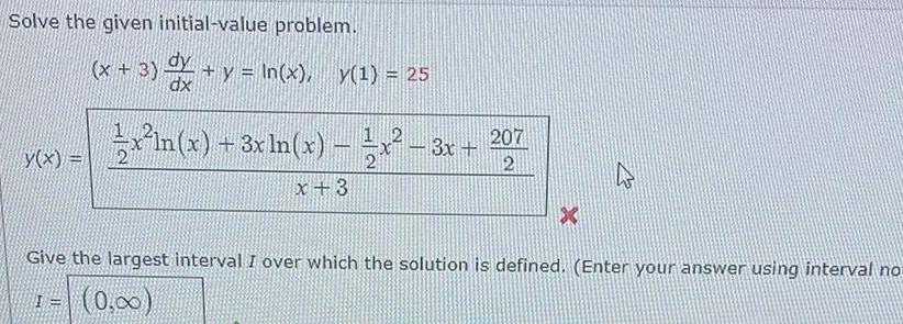 Solve the given initial-value problem. (x+3) dx + y = In(x), y(1)
