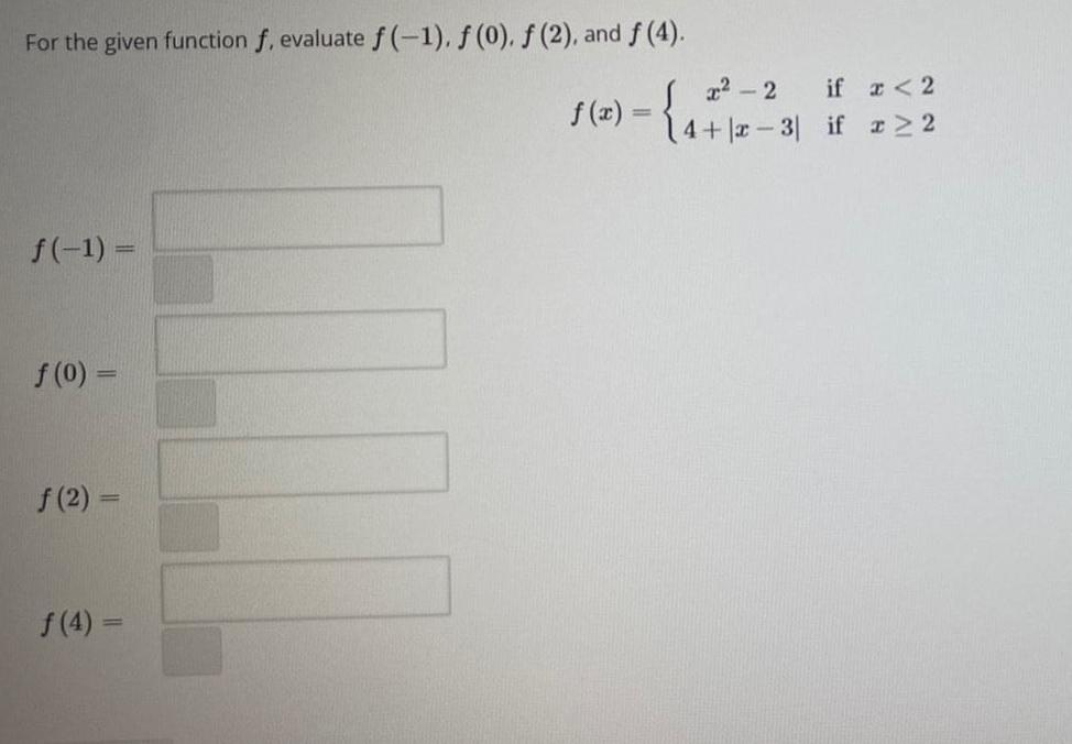 For the given function f, evaluate f (-1), (0), (2), and f