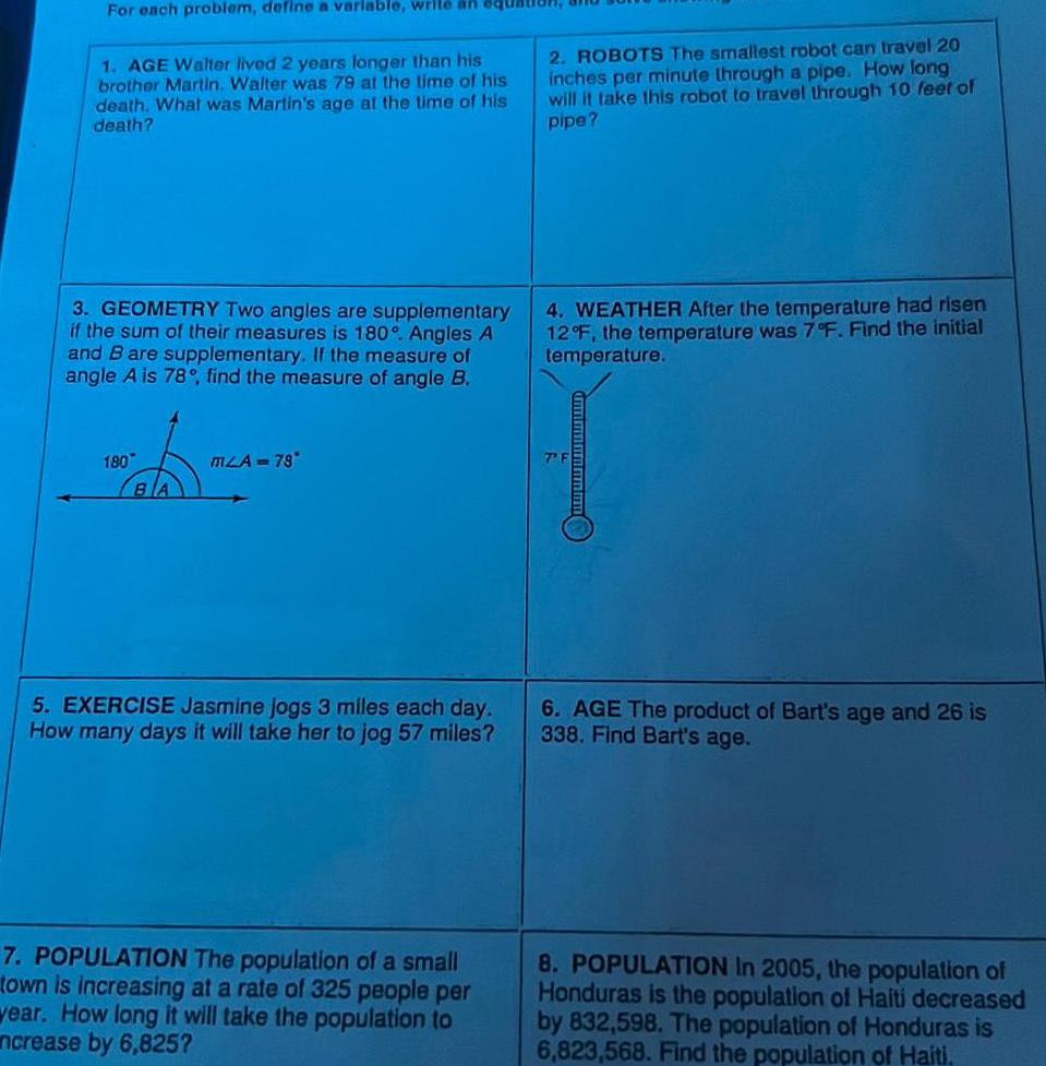 For each problem, define a variable, write an equa 1. AGE Walter