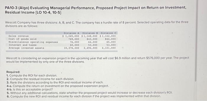 PA10-3 (Algo) Evaluating Managerial Performance, Proposed Project Impact on Return on Investment,
