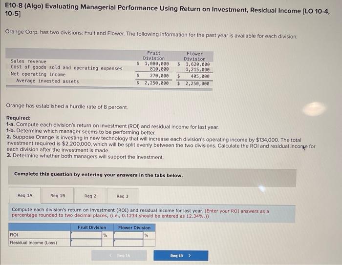 E10-8 (Algo) Evaluating Managerial Performance Using Return on Investment, Residual Income [LO