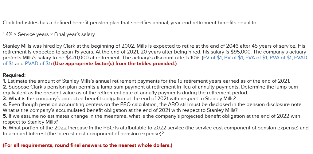 Clark Industries has a defined benefit pension plan that specifies annual, year-end
