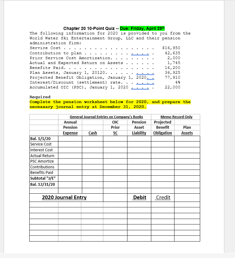 Contribution to plan Chapter 20 10-Point Quiz -- Due: Friday, April 29th