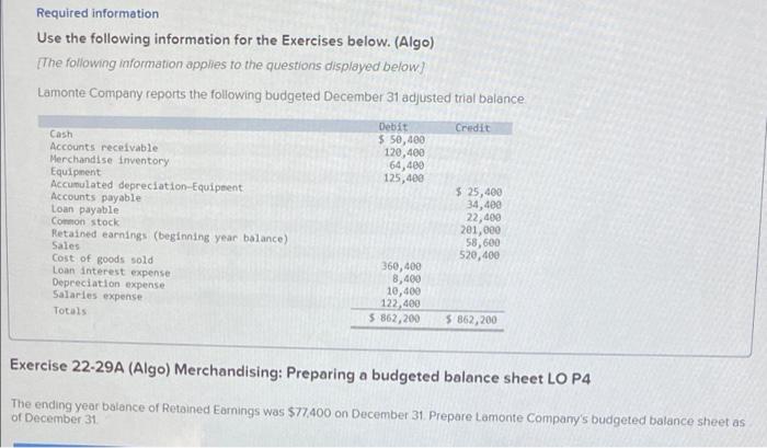 Required information. Use the following information for the Exercises below. (Algo) [The