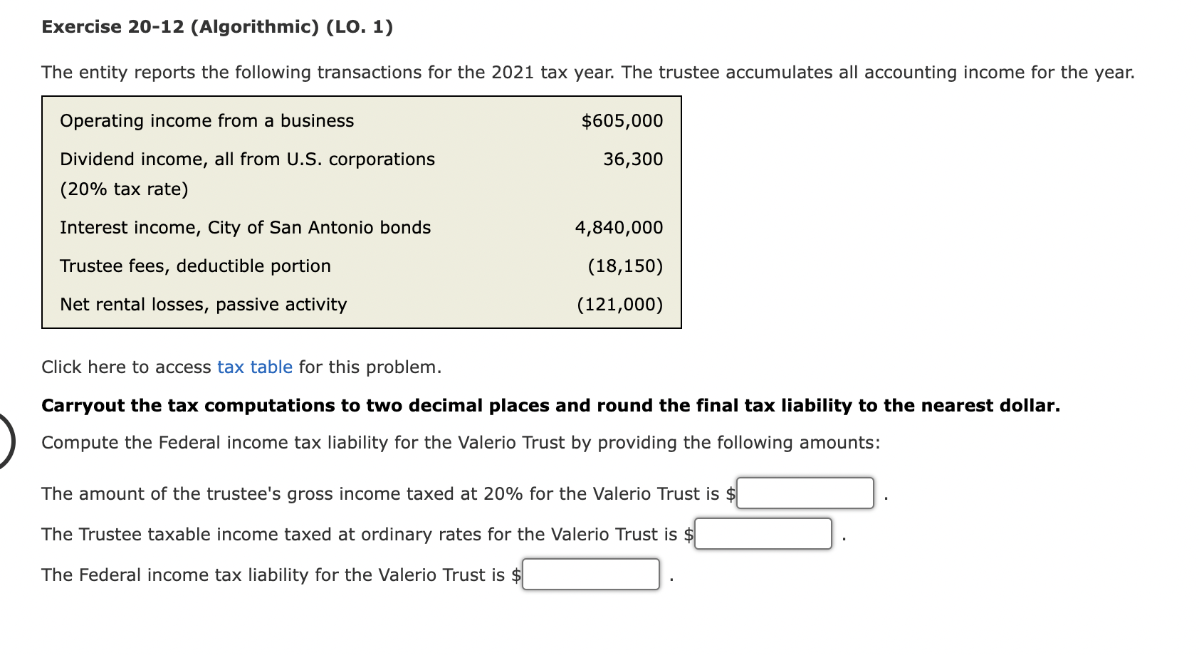 Exercise 20-12 (Algorithmic) (LO. 1) The entity reports the following transactions for