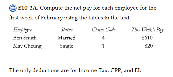 E10-2A. Compute the net pay for each employee for the first week