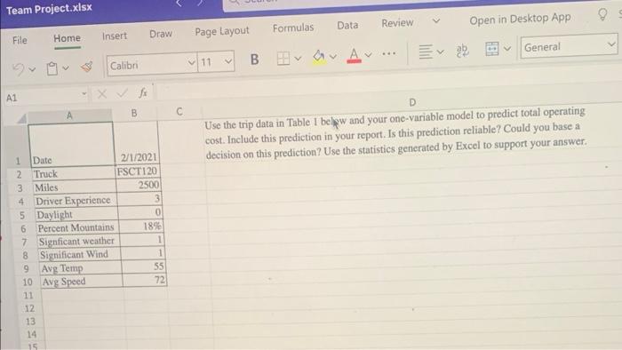 Team Project.xlsx A1 File Home Insert Draw Page Layout Formulas Data Review