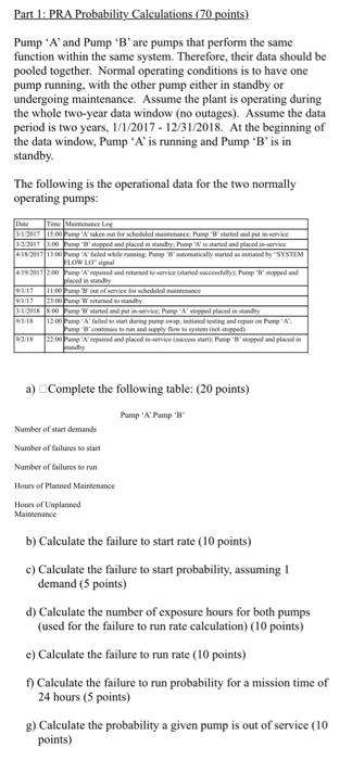 Part 1: PRA Probability Calculations (70 points) Pump 'A' and Pump 'B'